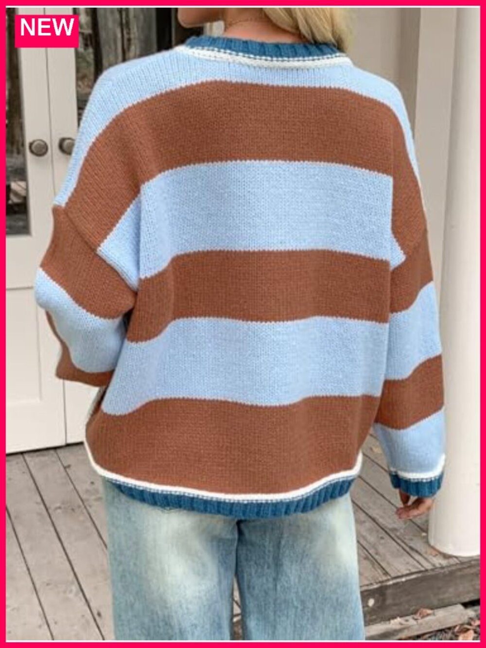 Oversized Knitted Striped Color Block Long Sleeve Crew Neck Pullover Sweater - Picture 3 of 6